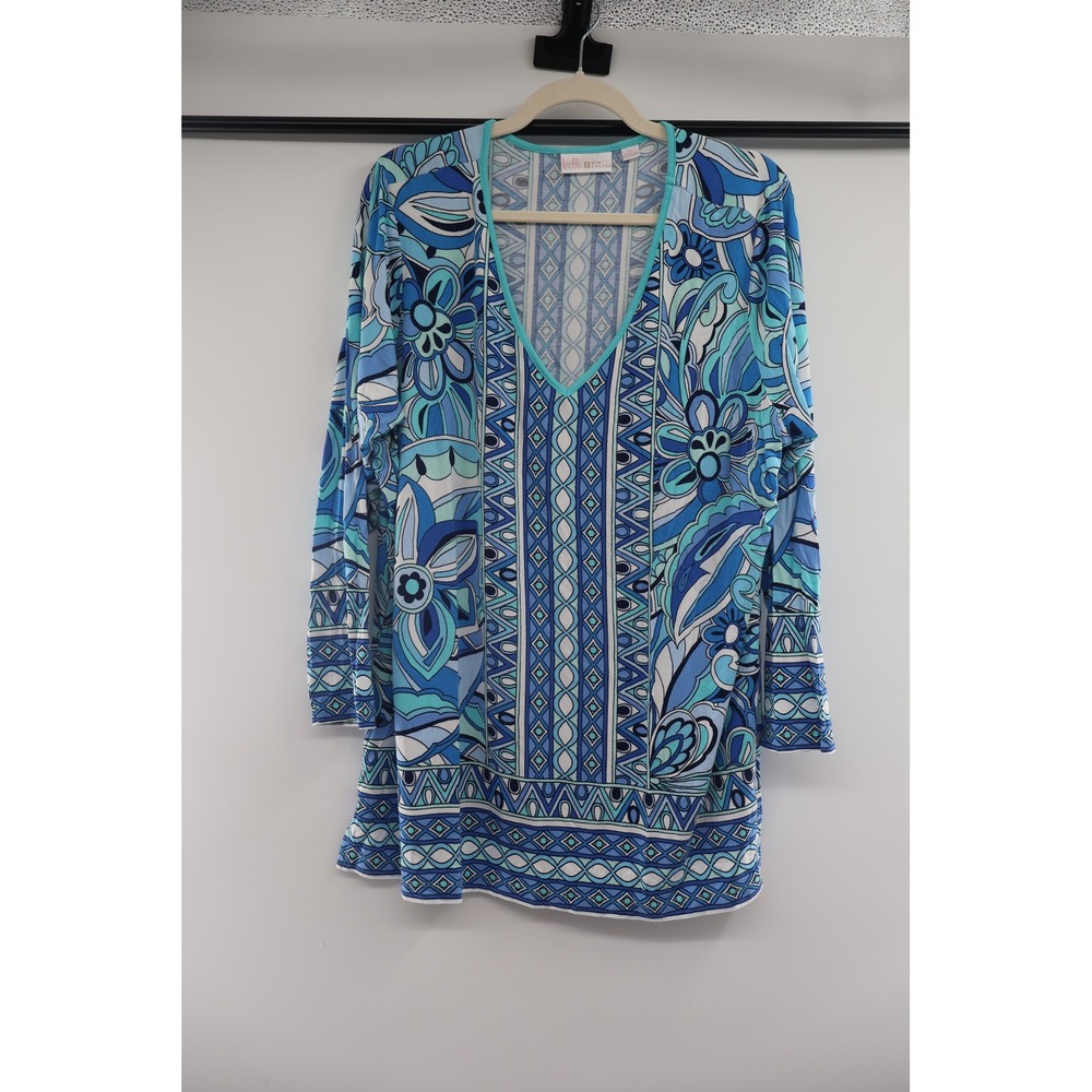 Belle Kim Gravel Plus Size 1X Blue Floral Geometric Tunic Top Resort Boho